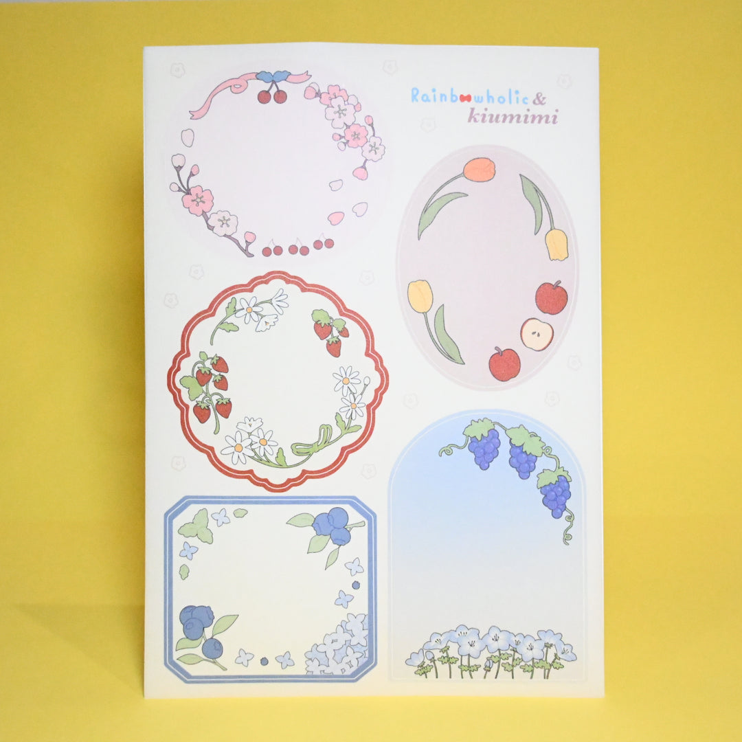 (ST022) Juego de pegatinas originales Rainbowholic x Kiumimi "Flores y frutas" (2 hojas)