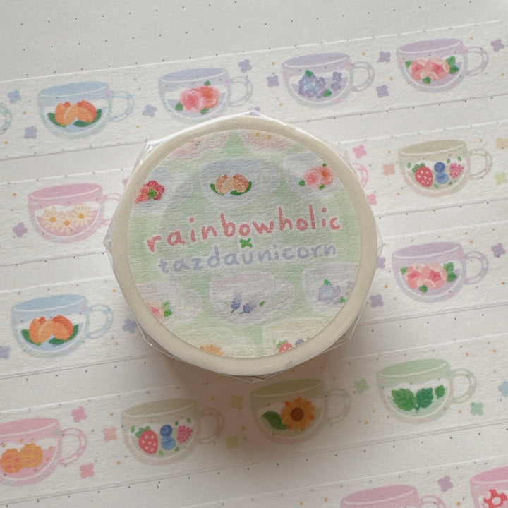 (MT091) Cinta washi original con flores y té de Rainbowholic x Tazdaunicorn