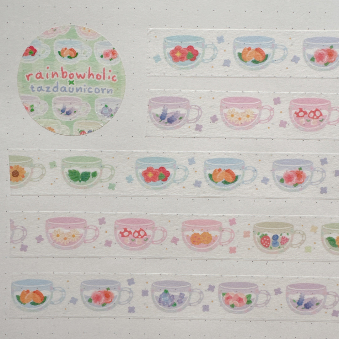 (MT091) Cinta washi original con flores y té de Rainbowholic x Tazdaunicorn