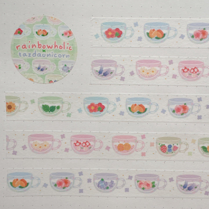 (MT091) Cinta washi original con flores y té de Rainbowholic x Tazdaunicorn