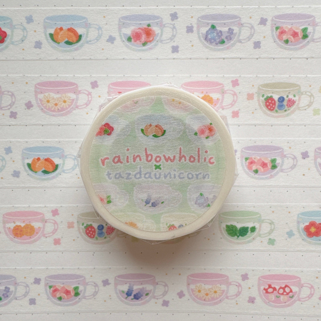 (MT091) Cinta washi original con flores y té de Rainbowholic x Tazdaunicorn