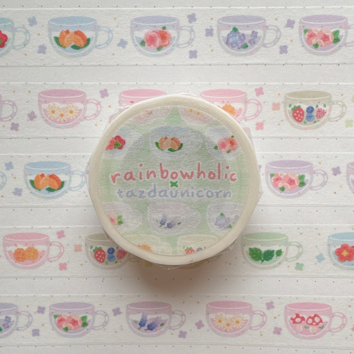 (MT091) Cinta washi original con flores y té de Rainbowholic x Tazdaunicorn
