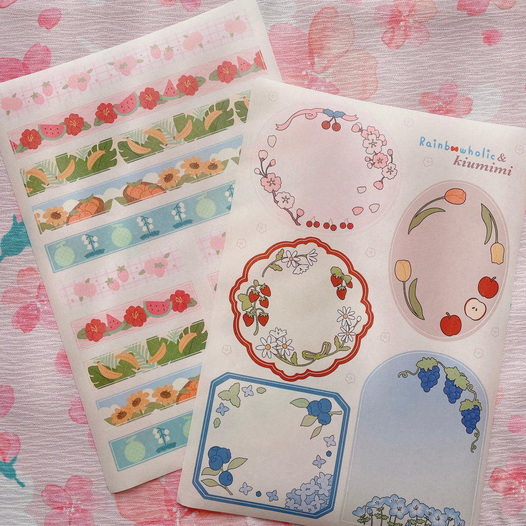 (ST022) Juego de pegatinas originales Rainbowholic x Kiumimi "Flores y frutas" (2 hojas)