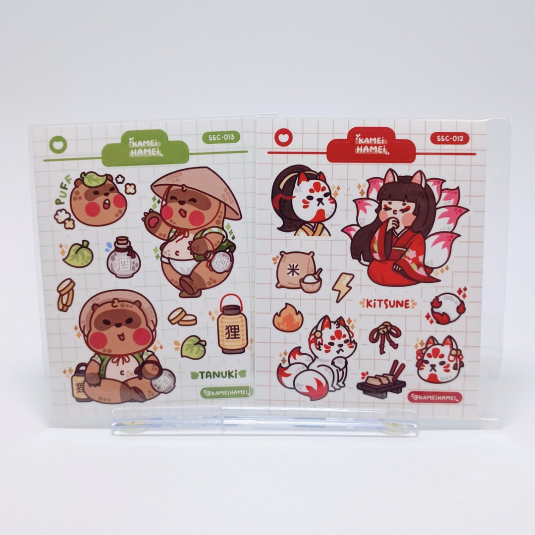 Kamei Hamei Mini Sticker Sheet Set (2 pcs. Tanuki & Kitsune)
