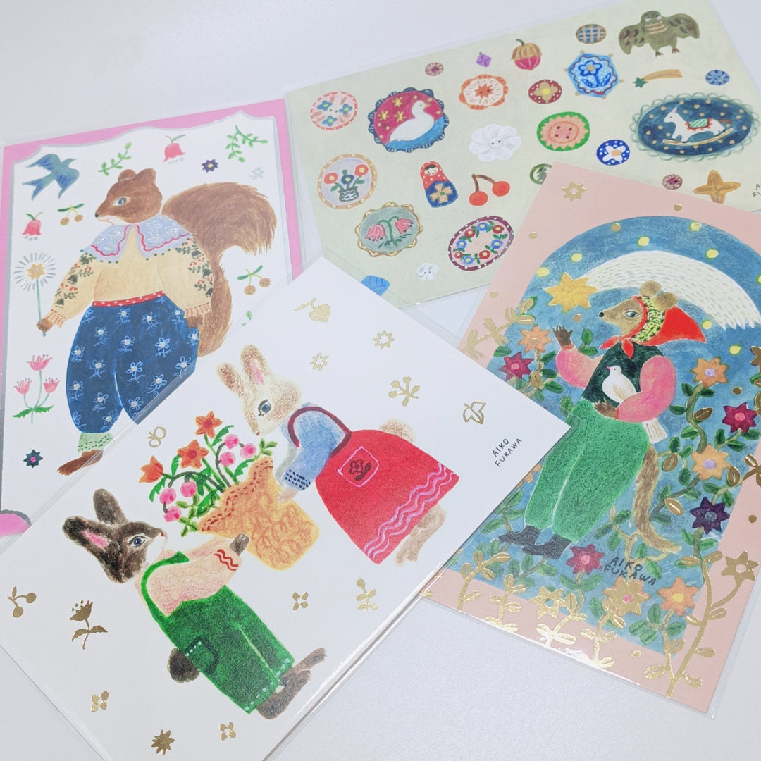 Ensemble de cartes postales sur les animaux de la forêt d'Aiko Fukawa (4 pièces)