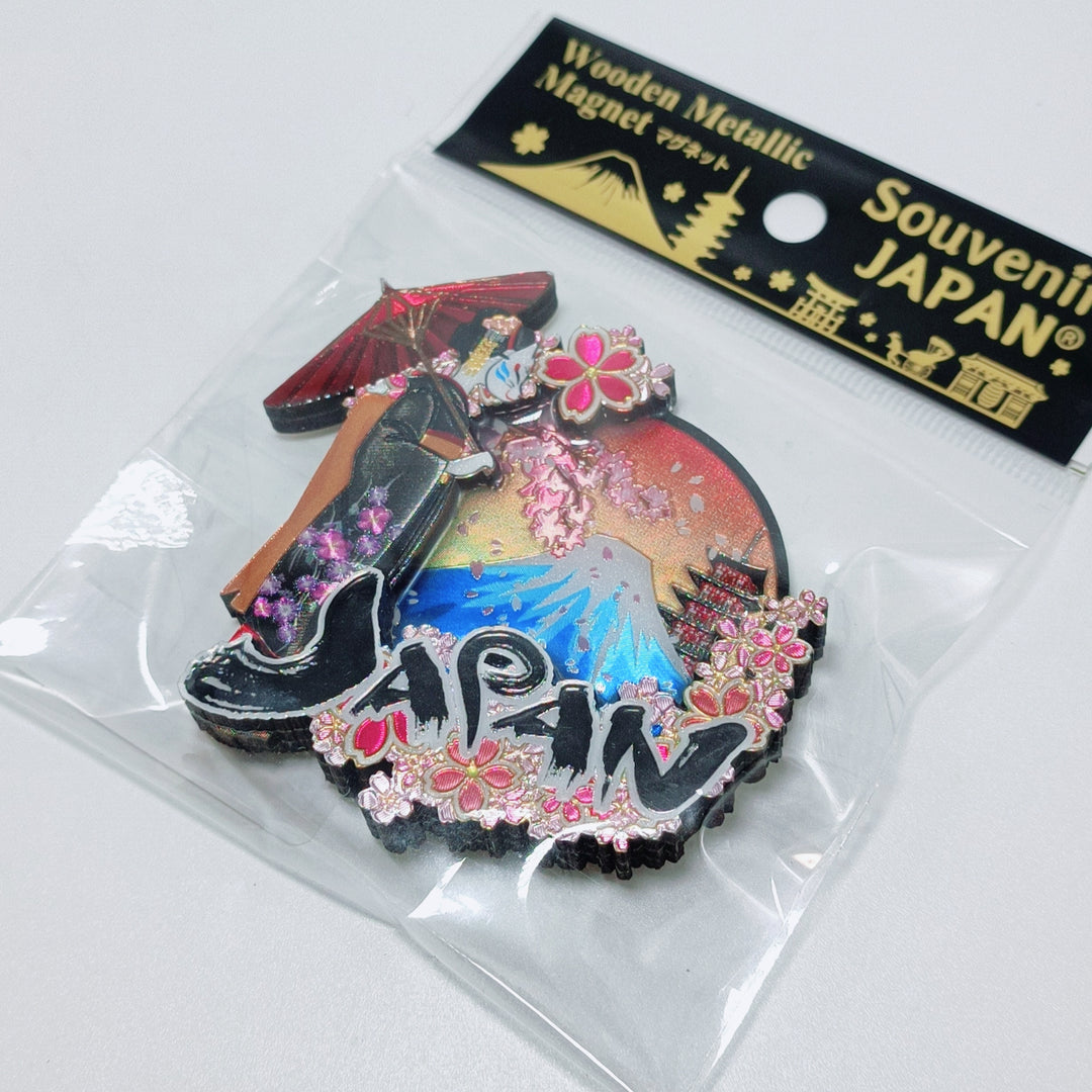 Souvenir Japan Wooden Magnet (kimono girl & mt.fuji)