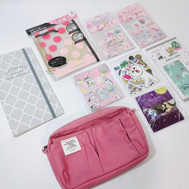 [Pre-loved] Estuche organizador rosa + juego de papelería útil