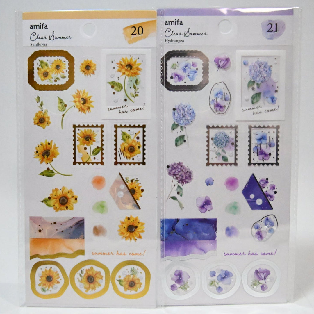 Amifa Clear Summer Flowers sticker sheet set (2 designs) - Sunflower and Hydrangea