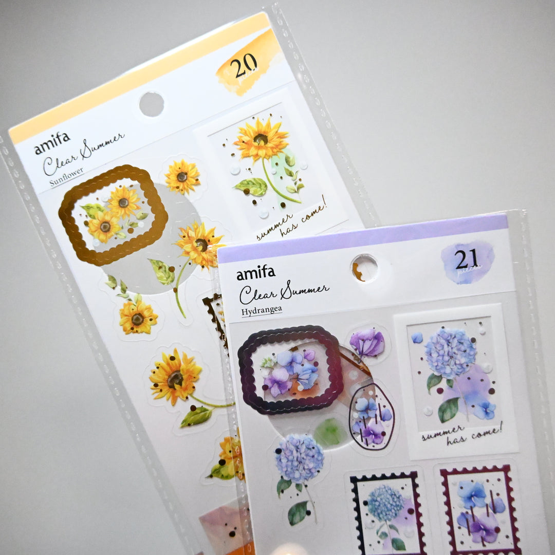 Amifa Clear Summer Flowers sticker sheet set (2 designs) - Sunflower and Hydrangea