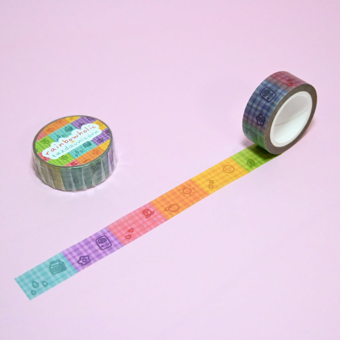(MT130) Original Rainbowholic x Tazdaunicorn Gingham Doodles Washi Tape