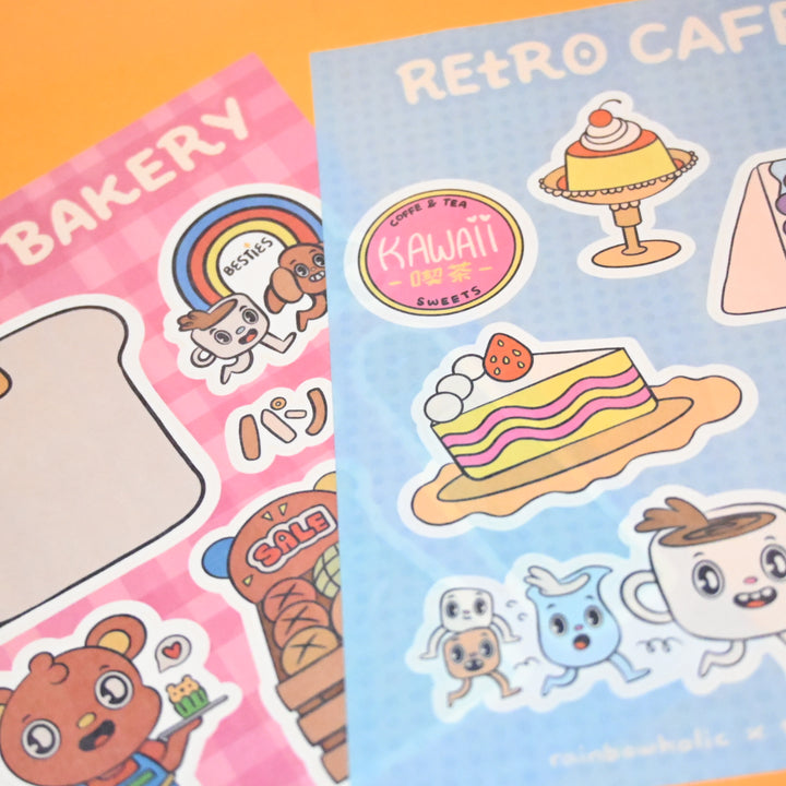 (ST043) Original Rainbowholic x Tazdaunicorn "Retro Cafe & Bakery" Sticker Set (2 sheets)