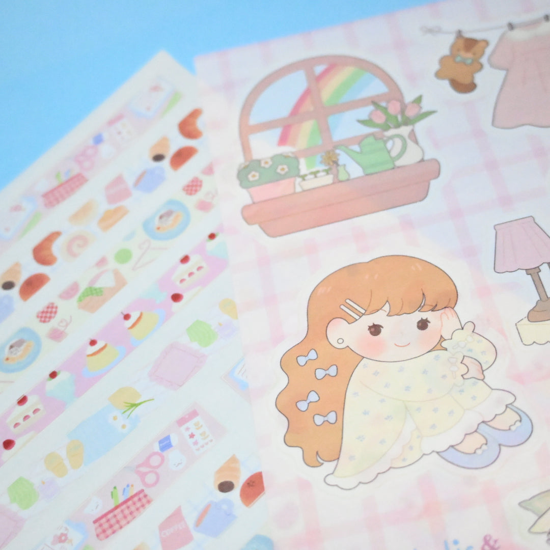 (ST063) Rainbowholic x Kiumimi Pastel Girls Daily Life A5 Sticker Sheet Set (2 sheets)