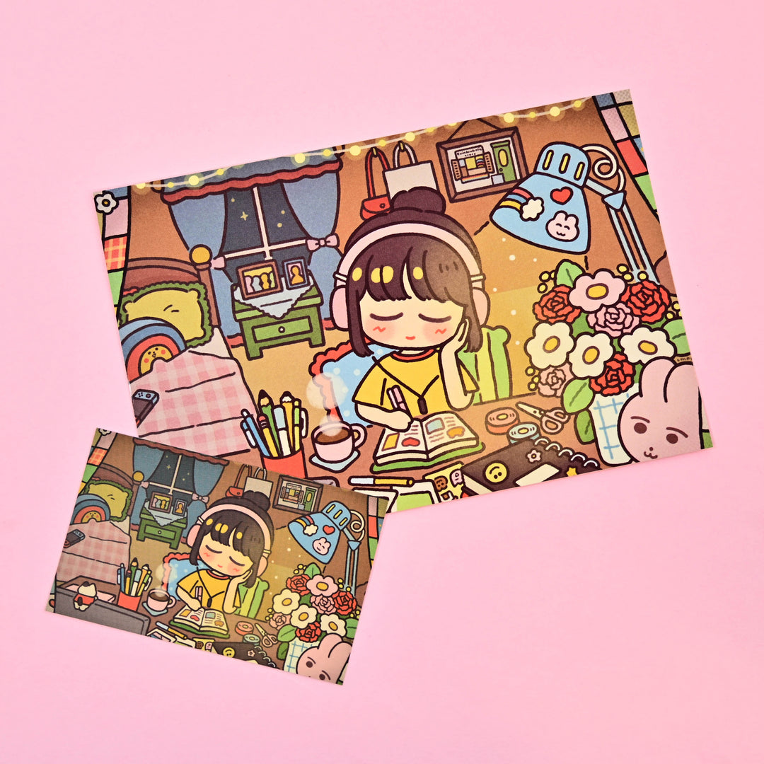 (PC004) レインボーホリック × チチリトル 私の居心地の良い部屋 &amp; ジャーナリングタイム ポストカード &amp; ステッカーセット