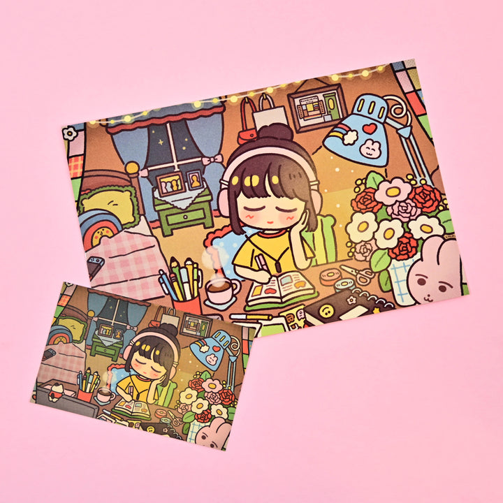 (PC004) レインボーホリック × チチリトル 私の居心地の良い部屋 &amp; ジャーナリングタイム ポストカード &amp; ステッカーセット