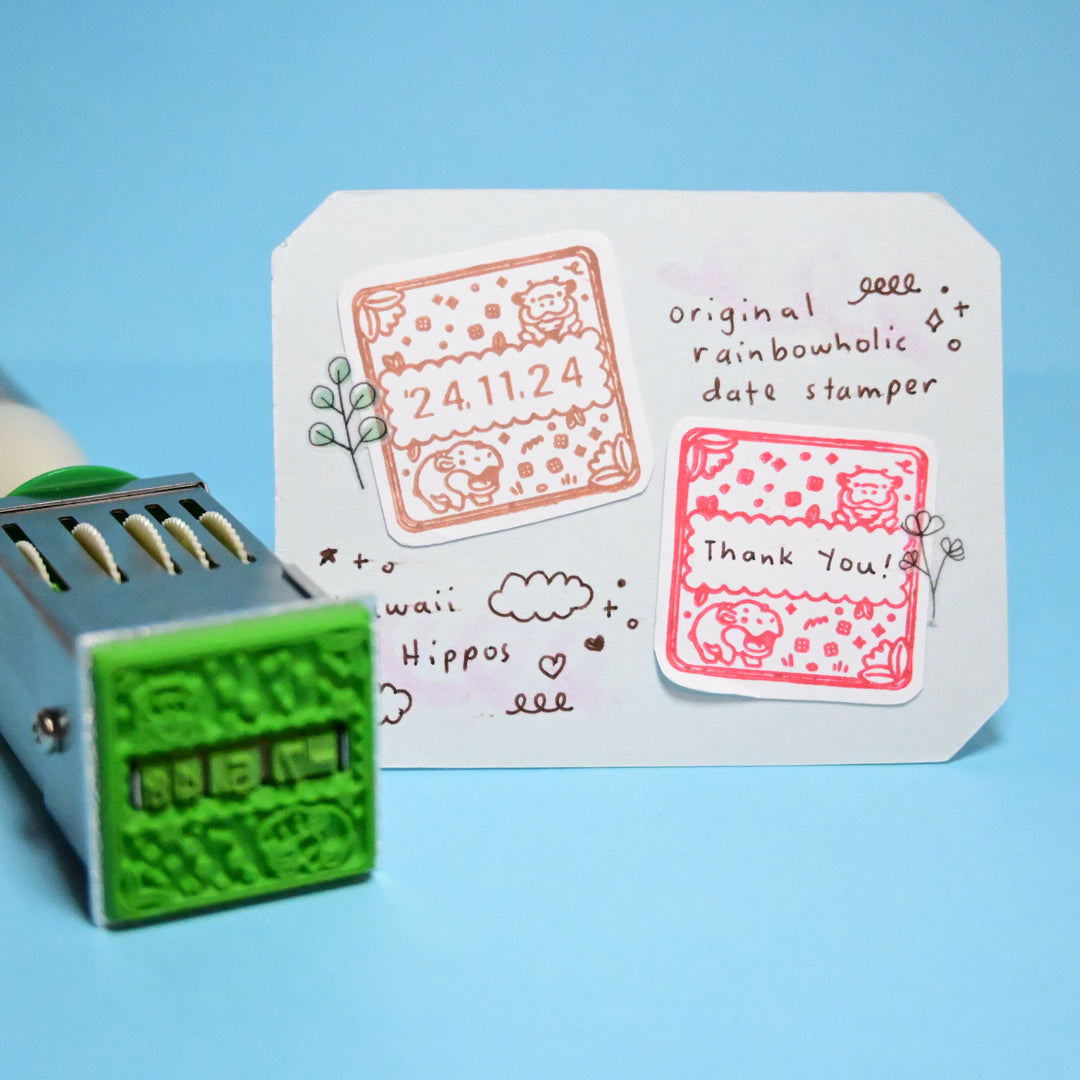 (HS002) Rainbowholic Original Date Stamp - Kawaii Hippo
