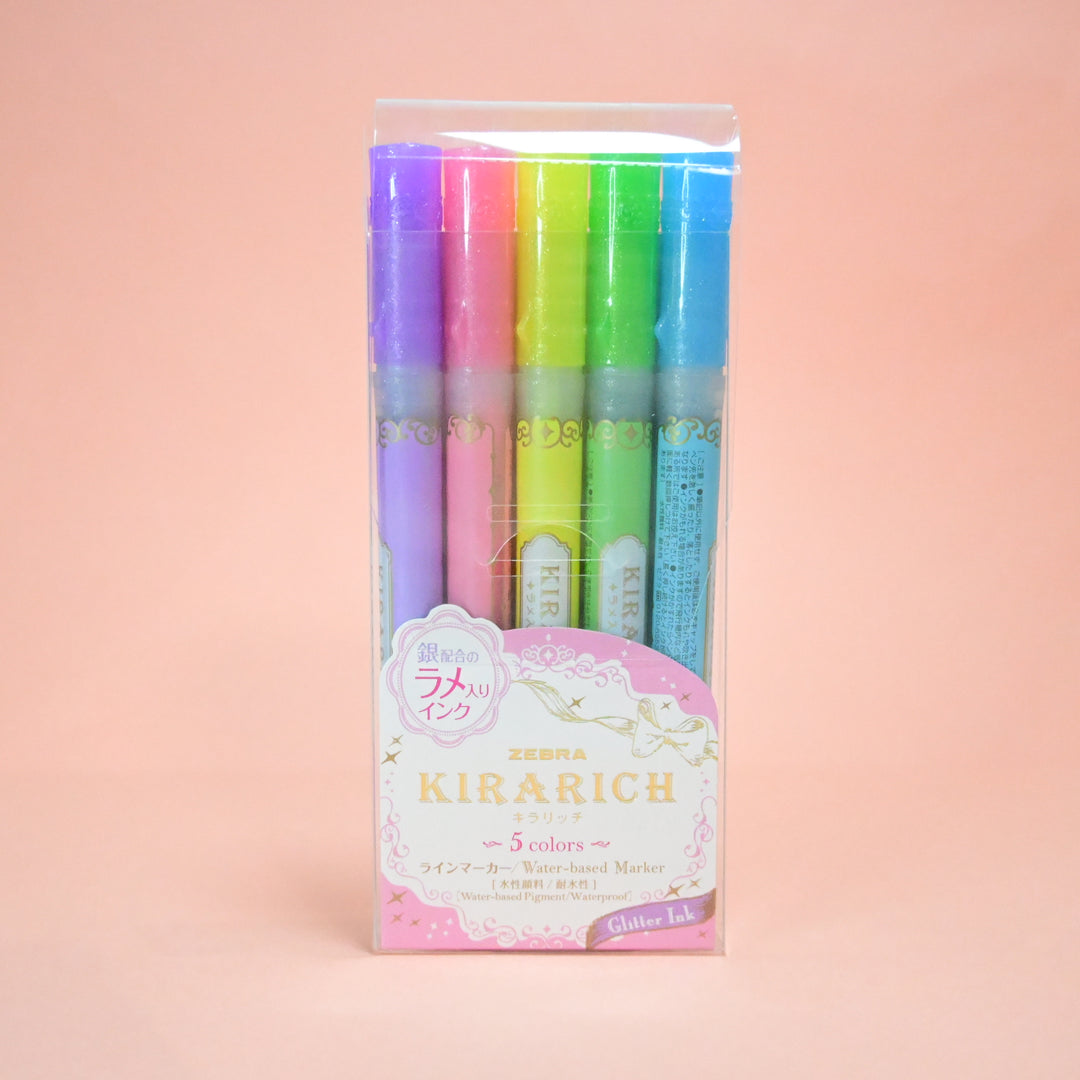 zebra Kirarich Waterbased Glitter Markers 5 Colors