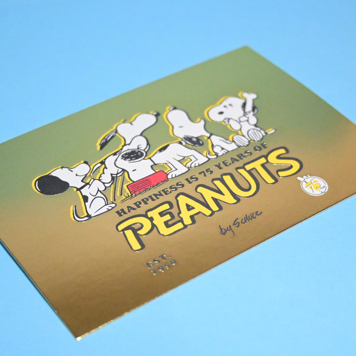 Hallmark Peanuts 75th Anniversary Snoopy Gold Metallic Foil Post Card