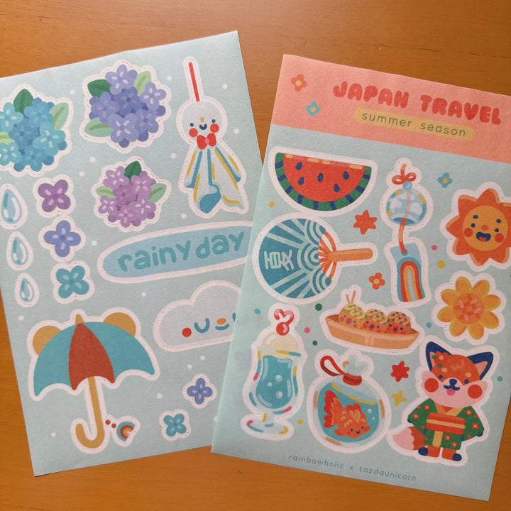 (ST086) Juego de hojas de calcomanías tamaño A5 para viajes de verano en Japón de Rainbowholic x Tazdaunicorn