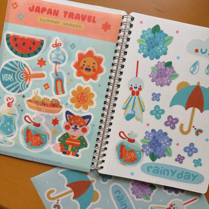 (ST086) Juego de hojas de calcomanías tamaño A5 para viajes de verano en Japón de Rainbowholic x Tazdaunicorn