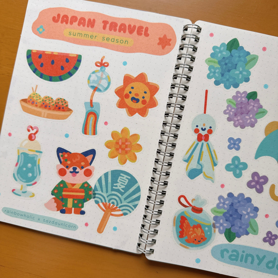 (ST086) Juego de hojas de calcomanías tamaño A5 para viajes de verano en Japón de Rainbowholic x Tazdaunicorn