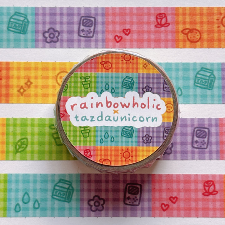 (MT130) Original Rainbowholic x Tazdaunicorn Gingham Doodles Washi Tape