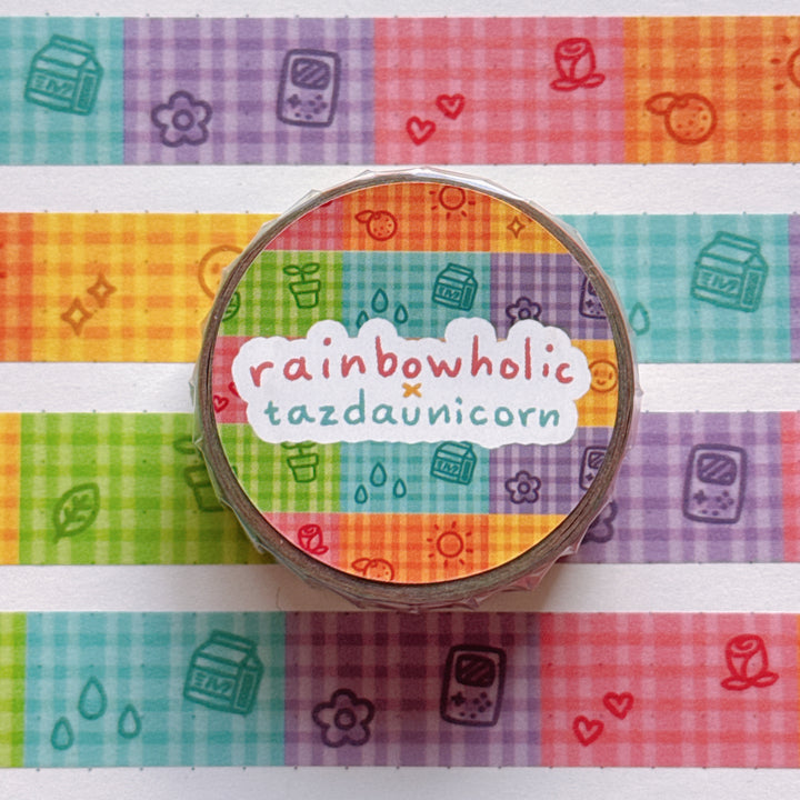 (MT130) Original Rainbowholic x Tazdaunicorn Gingham Doodles Washi Tape