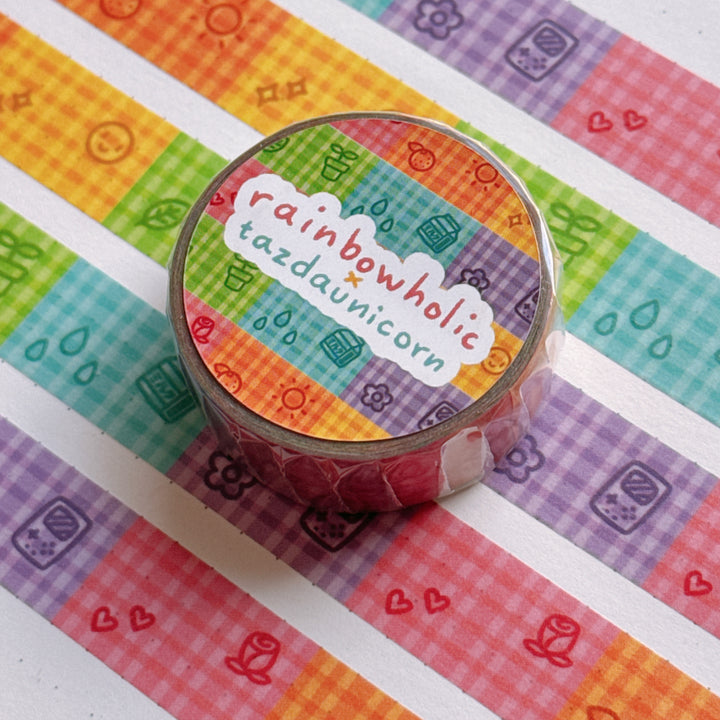 (MT130) Original Rainbowholic x Tazdaunicorn Gingham Doodles Washi Tape