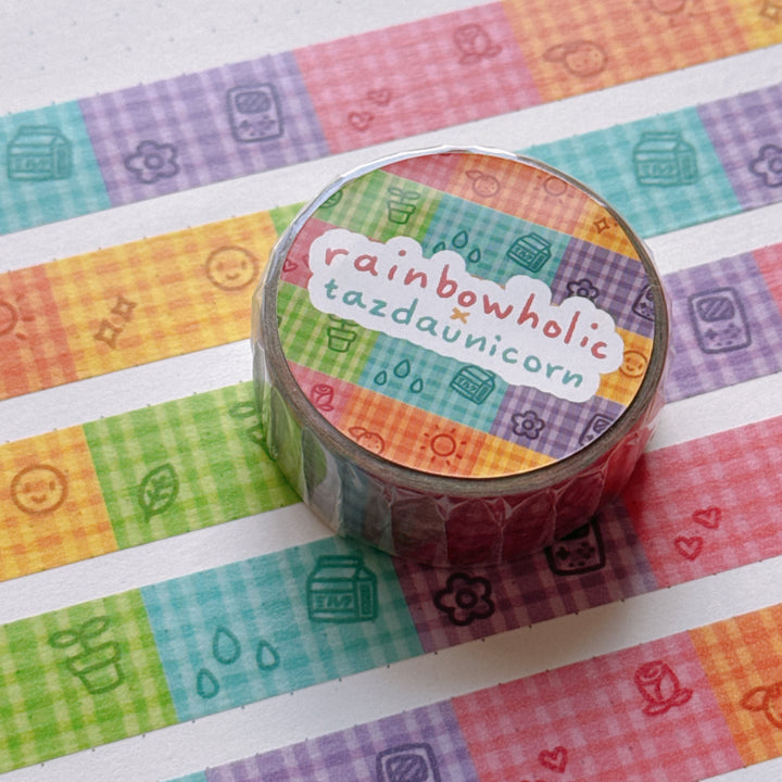 (MT130) Original Rainbowholic x Tazdaunicorn Gingham Doodles Washi Tape