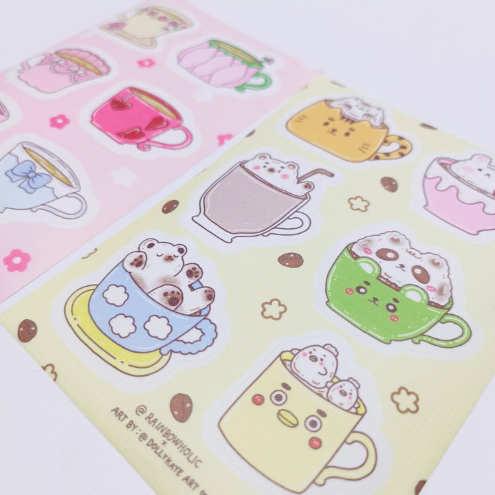 (ST050) Original Rainbowholic x Dolly Kaye A6 Sticker Sheet Set (Animal Latte & Kawaii Tea Cups)
