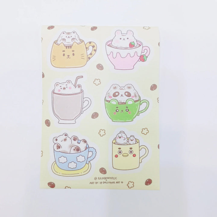 (ST050) Original Rainbowholic x Dolly Kaye A6 Sticker Sheet Set (Animal Latte & Kawaii Tea Cups)