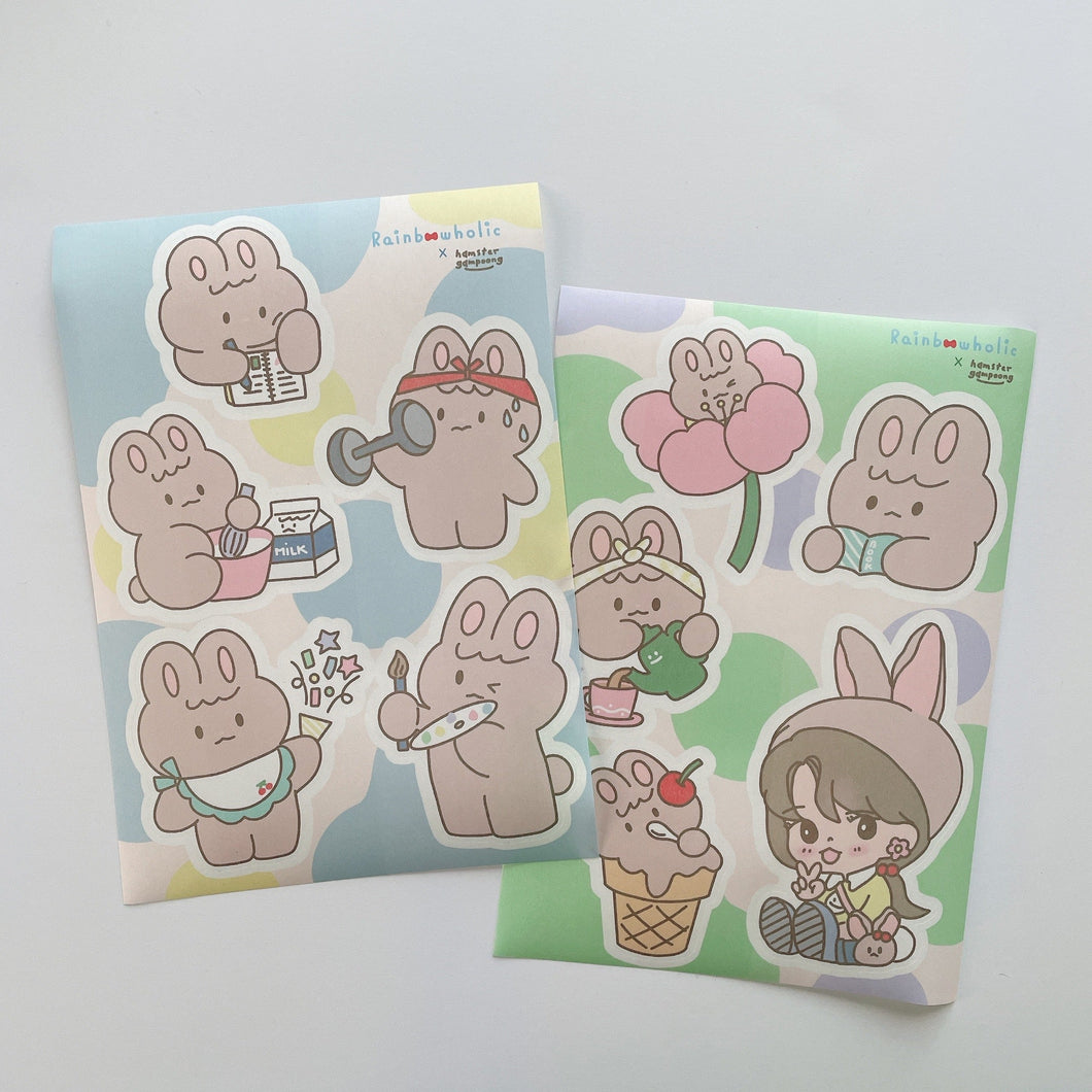 (ST038) Original Rainbowholic x Hamstergampoong Rabbit Life Sticker Set (2 sheets)