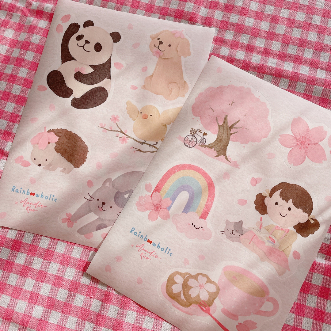 (ST020) Rainbowholic x Mandie Kuo Collab Sakura & Kawaii Animals Sticker Set (2 sheets)