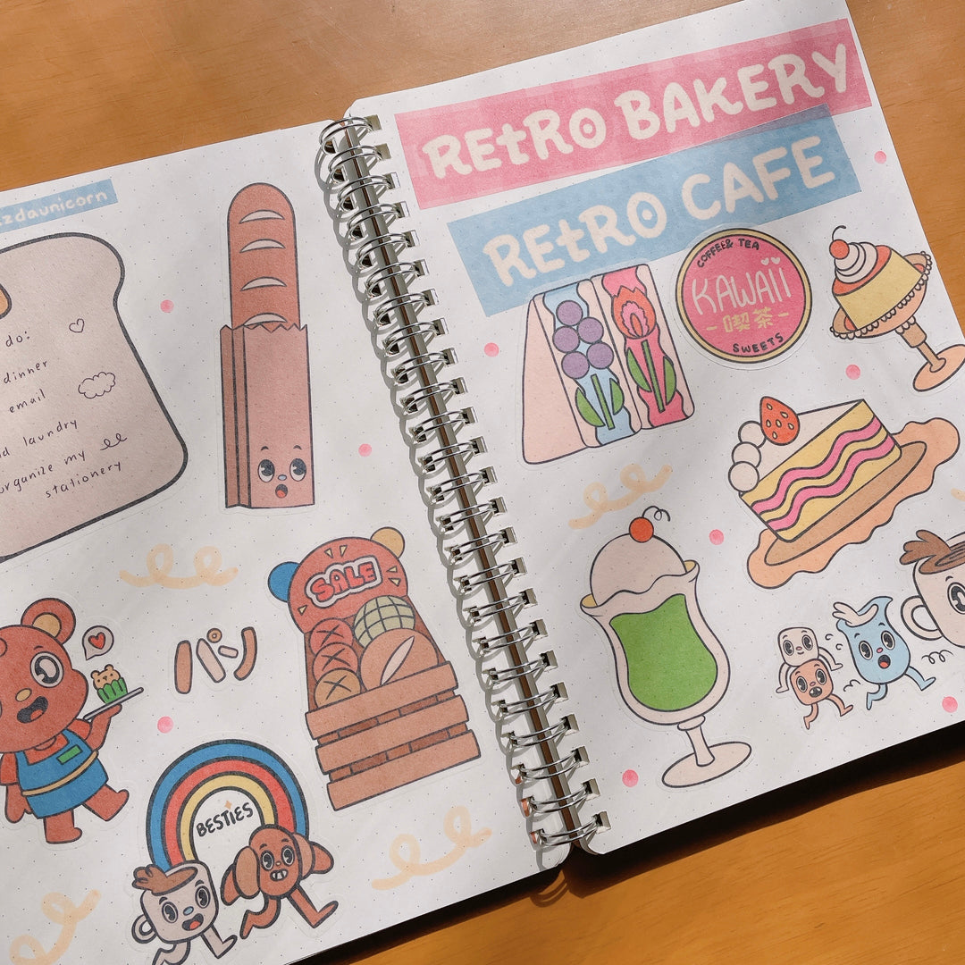 (ST043) Original Rainbowholic x Tazdaunicorn "Retro Cafe & Bakery" Sticker Set (2 sheets)